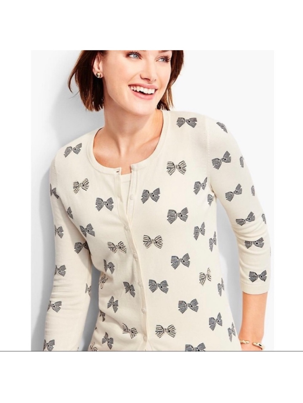 Talbots Cream Cardigan Sweater with Black Beaded Bow Print Size Small